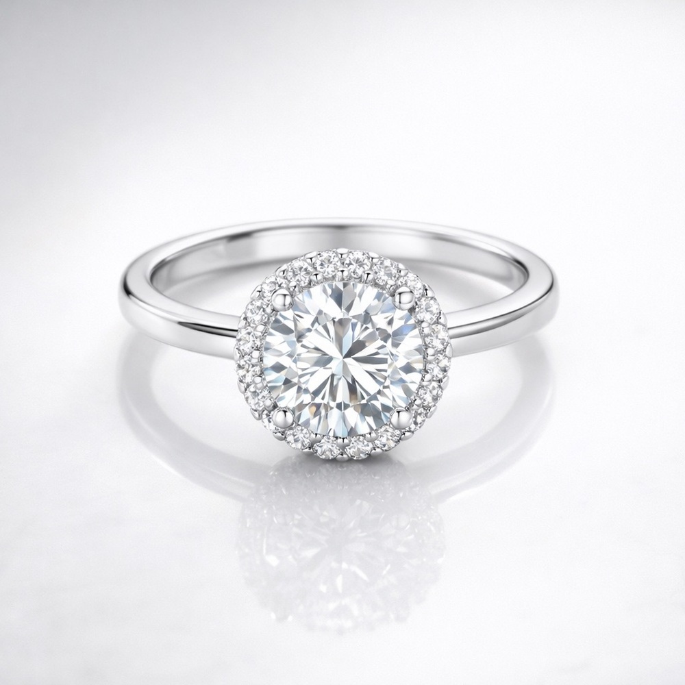 Moissanite Halo Ring – Rhodium Plated 925 Sterling Silver | Size 5